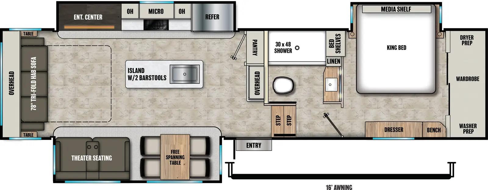 The Chaparral 336TSIK floorplan has one entry and three slide outs. Exterior features include: fiberglass exterior and 16' awning. Interiors features include: kitchen island, free-standing dinette option, front bedroom and rear living.